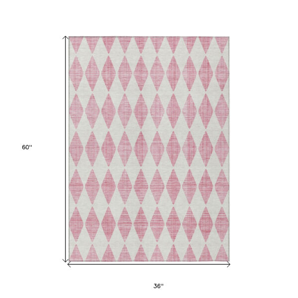 3' X 5' Pink And Ivory Geometric Washable Indoor Outdoor Area Rug