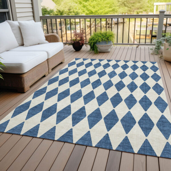 9' X 12' Navy Blue And Ivory Geometric Washable Indoor Outdoor Area Rug
