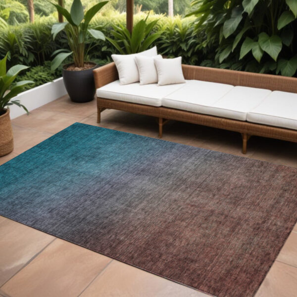 10' X 14' Teal Blue Chocolate And Charcoal Ombre Washable Indoor Outdoor Area Rug