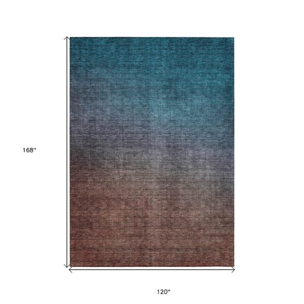 10' X 14' Teal Blue Chocolate And Charcoal Ombre Washable Indoor Outdoor Area Rug