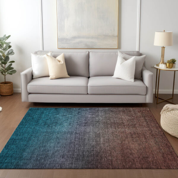 10' X 14' Teal Blue Chocolate And Charcoal Ombre Washable Indoor Outdoor Area Rug