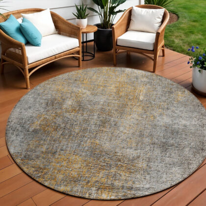 8' Gray Silver And Charcoal Round Abstract Washable Indoor Outdoor Area Rug