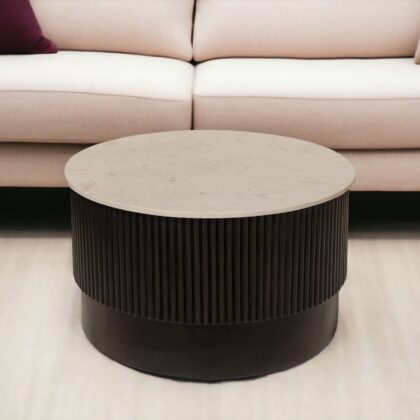 31" White And Dark Brown Genuine Marble And Solid Wood Round Drum Coffee Table