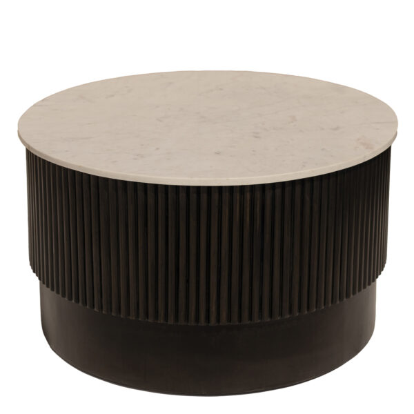 31" White And Dark Brown Genuine Marble And Solid Wood Round Drum Coffee Table