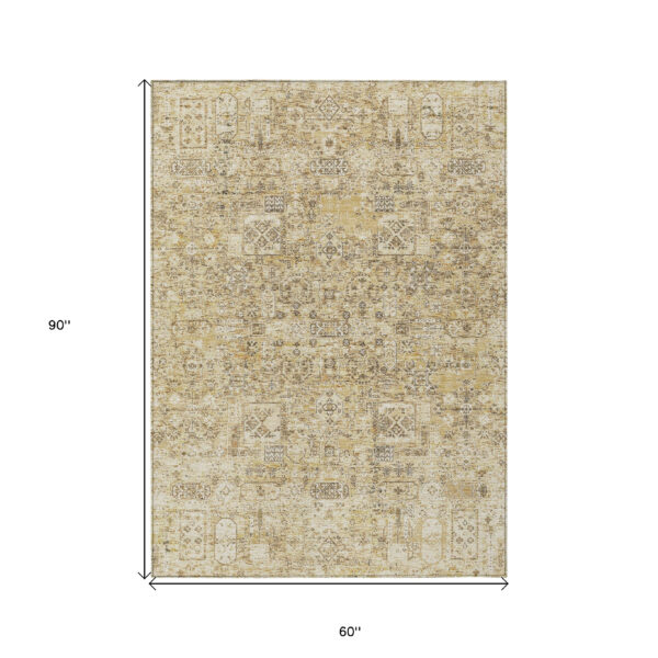 5' X 8' Wheat Beige And Gray Floral Washable Indoor Outdoor Area Rug