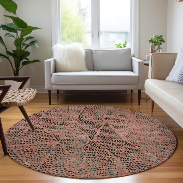8' Salmon Charcoal And Beige Round Geometric Washable Indoor Outdoor Area Rug