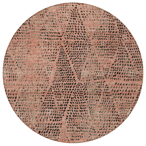 8' Salmon Charcoal And Beige Round Geometric Washable Indoor Outdoor Area Rug