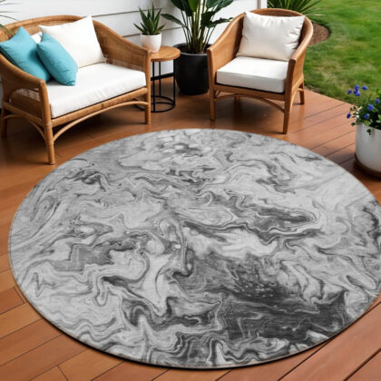 8' Gray Charcoal And Silver Round Abstract Washable Indoor Outdoor Area Rug