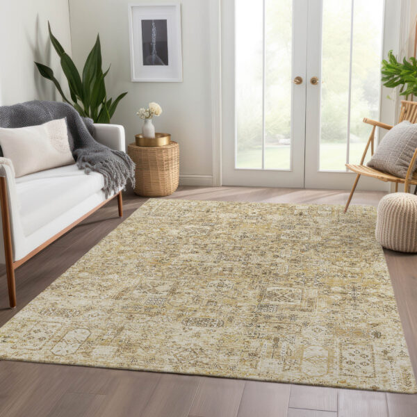 5' X 8' Wheat Beige And Gray Floral Washable Indoor Outdoor Area Rug