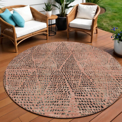 8' Salmon Charcoal And Beige Round Geometric Washable Indoor Outdoor Area Rug