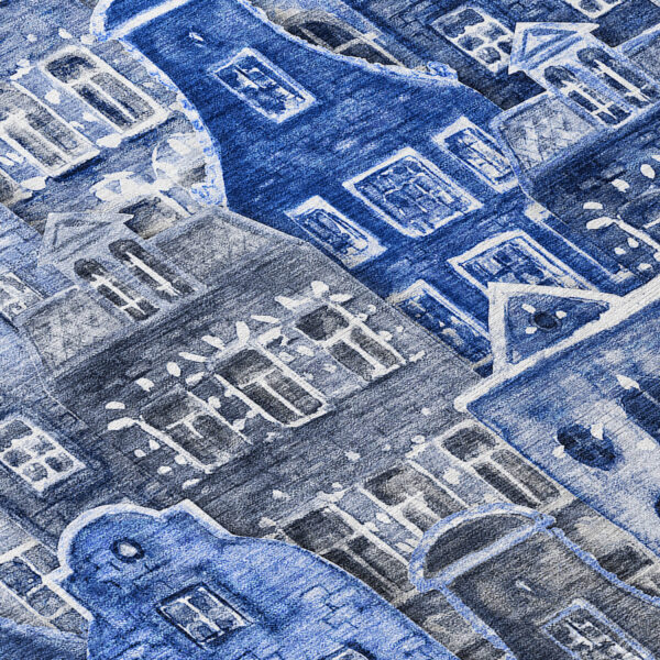 5' X 8' Navy Blue And Sky Blue Village Houses Washable Indoor Outdoor Area Rug