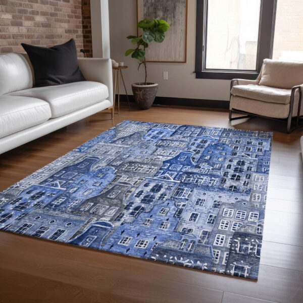 5' X 8' Navy Blue And Sky Blue Village Houses Washable Indoor Outdoor Area Rug