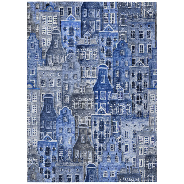 5' X 8' Navy Blue And Sky Blue Village Houses Washable Indoor Outdoor Area Rug