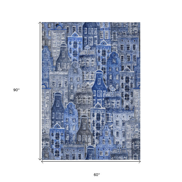 5' X 8' Navy Blue And Sky Blue Village Houses Washable Indoor Outdoor Area Rug