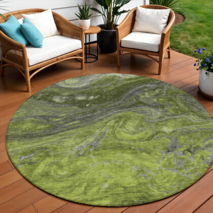 8' Olive Green And Lime Green Round Abstract Washable Indoor Outdoor Area Rug