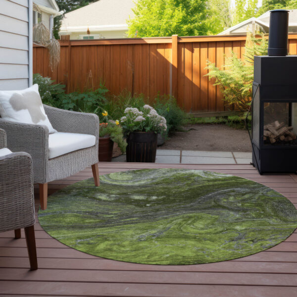8' Olive Green And Lime Green Round Abstract Washable Indoor Outdoor Area Rug