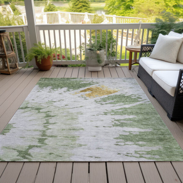 9' X 12' Artichoke Green And Olive Green Abstract Washable Indoor Outdoor Area Rug