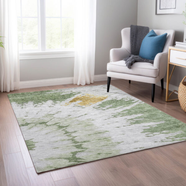 9' X 12' Artichoke Green And Olive Green Abstract Washable Indoor Outdoor Area Rug