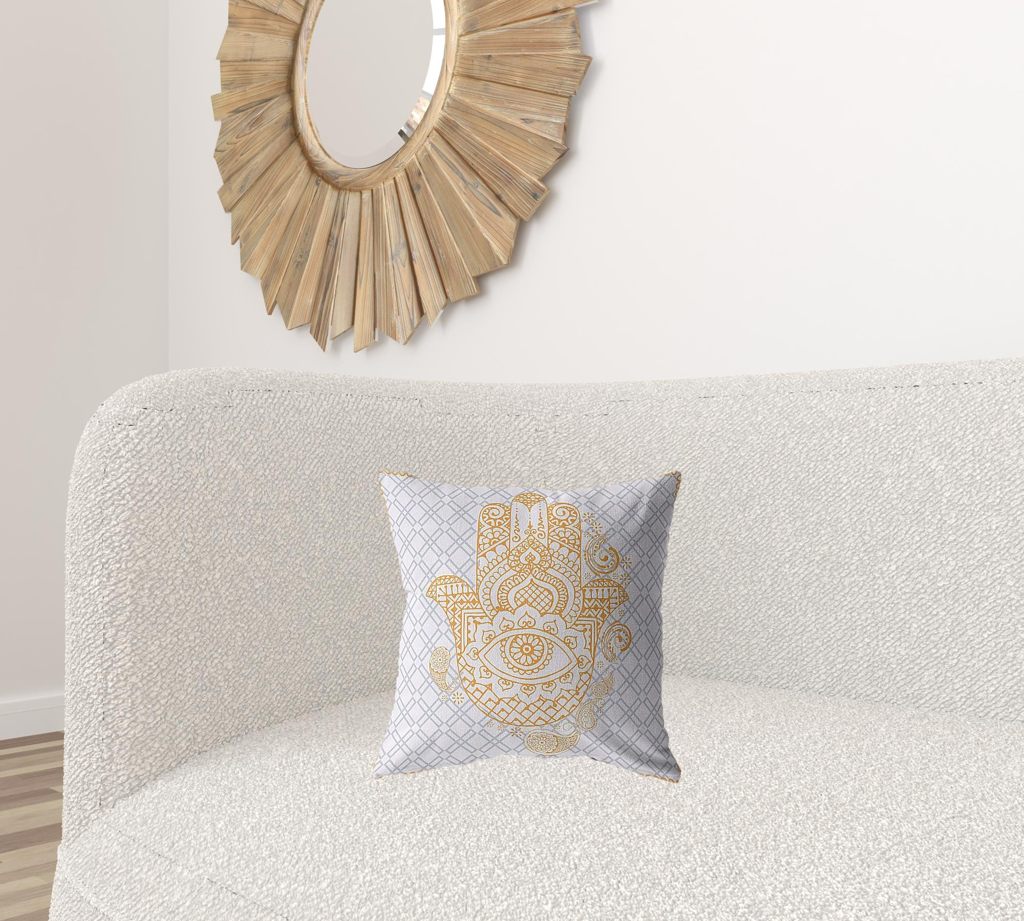 16” Gold Gray Hamsa Suede Zippered Throw Pillow - Image 6