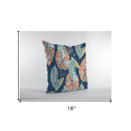 16” Orange Blue Tropical Leaf Zippered Suede Throw Pillow