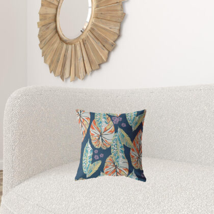 16” Orange Blue Tropical Leaf Zippered Suede Throw Pillow