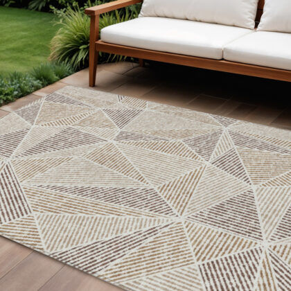 9' X 12' Brown Taupe And Beige Geometric Washable Indoor Outdoor Area Rug