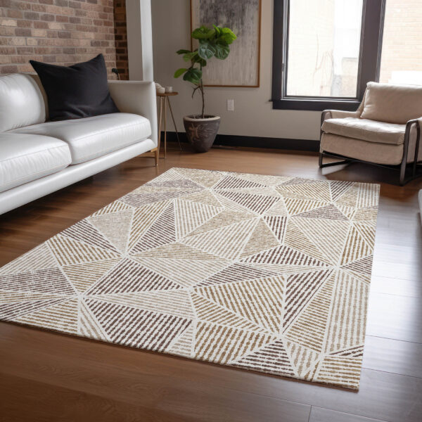 9' X 12' Brown Taupe And Beige Geometric Washable Indoor Outdoor Area Rug