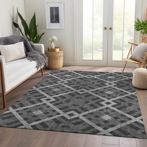 10' X 14' Charcoal Gray And Silver Geometric Washable Indoor Outdoor Area Rug
