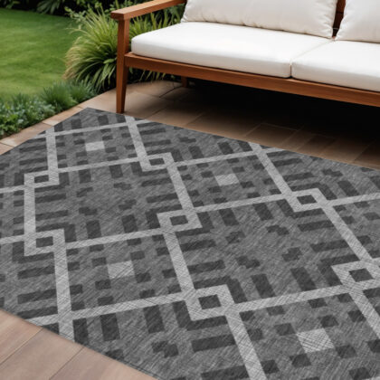 10' X 14' Charcoal Gray And Silver Geometric Washable Indoor Outdoor Area Rug