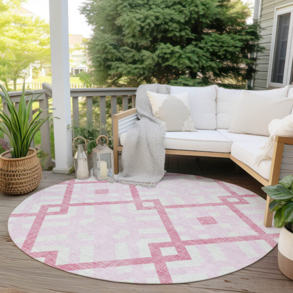 8' Pink Blush And Ivory Round Geometric Washable Indoor Outdoor Area Rug