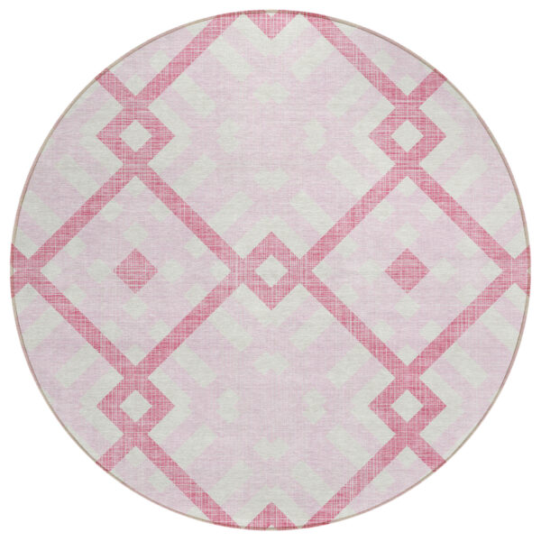8' Pink Blush And Ivory Round Geometric Washable Indoor Outdoor Area Rug