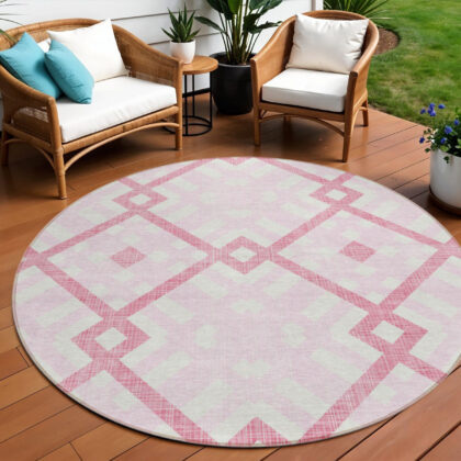 8' Pink Blush And Ivory Round Geometric Washable Indoor Outdoor Area Rug