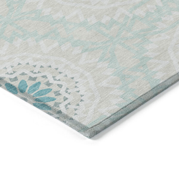 5' X 8' Teal Blue Beige And Ivory Floral Medallion Washable Indoor Outdoor Area Rug