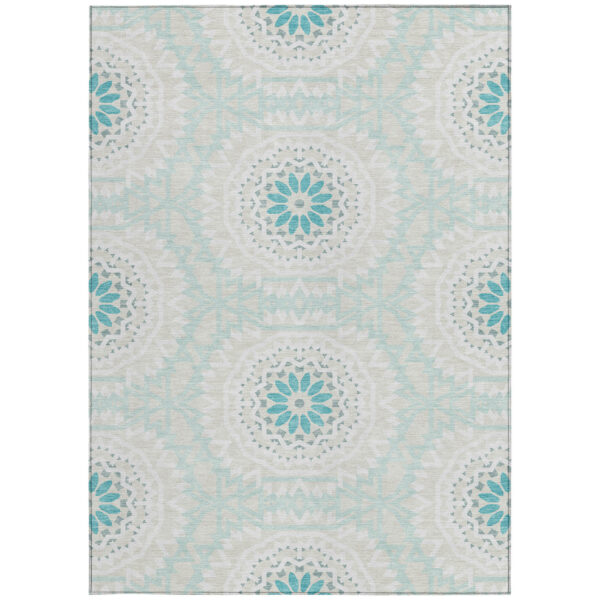 5' X 8' Teal Blue Beige And Ivory Floral Medallion Washable Indoor Outdoor Area Rug