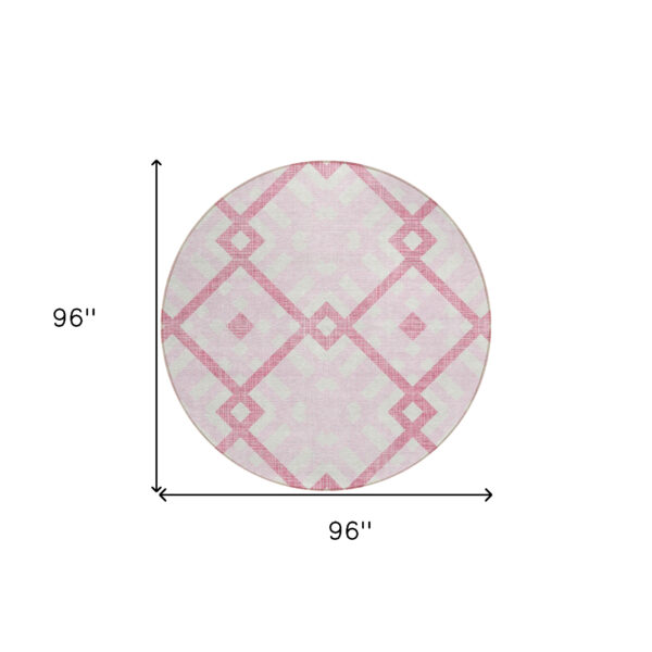 8' Pink Blush And Ivory Round Geometric Washable Indoor Outdoor Area Rug