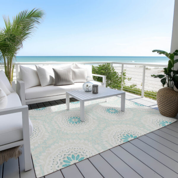 5' X 8' Teal Blue Beige And Ivory Floral Medallion Washable Indoor Outdoor Area Rug