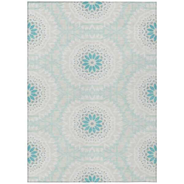5' X 8' Teal Blue Beige And Ivory Floral Medallion Washable Indoor Outdoor Area Rug