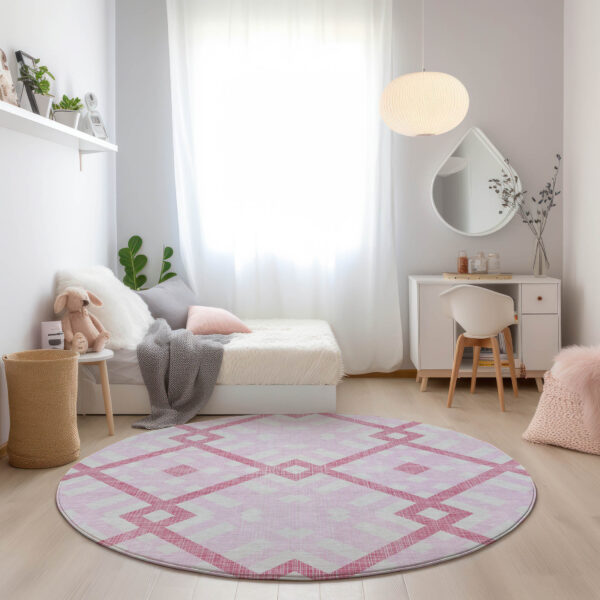 8' Pink Blush And Ivory Round Geometric Washable Indoor Outdoor Area Rug