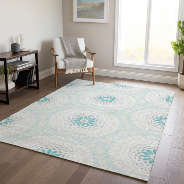 5' X 8' Teal Blue Beige And Ivory Floral Medallion Washable Indoor Outdoor Area Rug