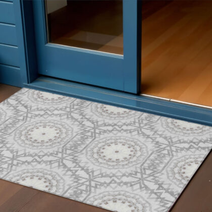 3' X 5' Silver Ivory And Gray Floral Medallion Washable Indoor Outdoor Area Rug