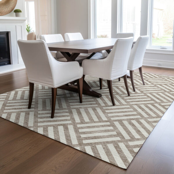 10' X 14' Taupe And Ivory Geometric Washable Indoor Outdoor Area Rug