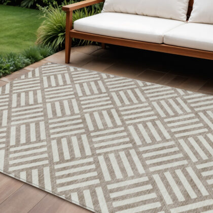 10' X 14' Taupe And Ivory Geometric Washable Indoor Outdoor Area Rug