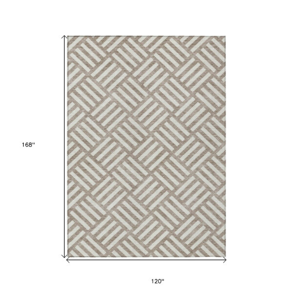 10' X 14' Taupe And Ivory Geometric Washable Indoor Outdoor Area Rug
