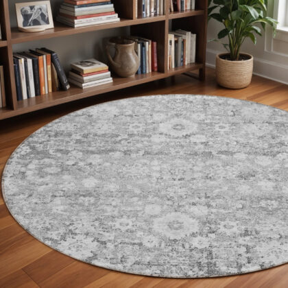 8' Silver Gray And Pewter Round Oriental Washable Indoor Outdoor Area Rug