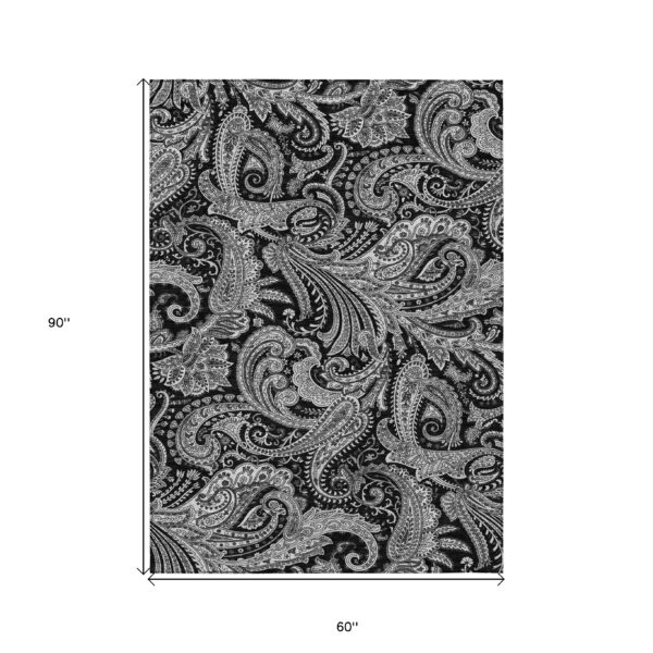 5' X 8' Black Gray And White Paisley Washable Indoor Outdoor Area Rug