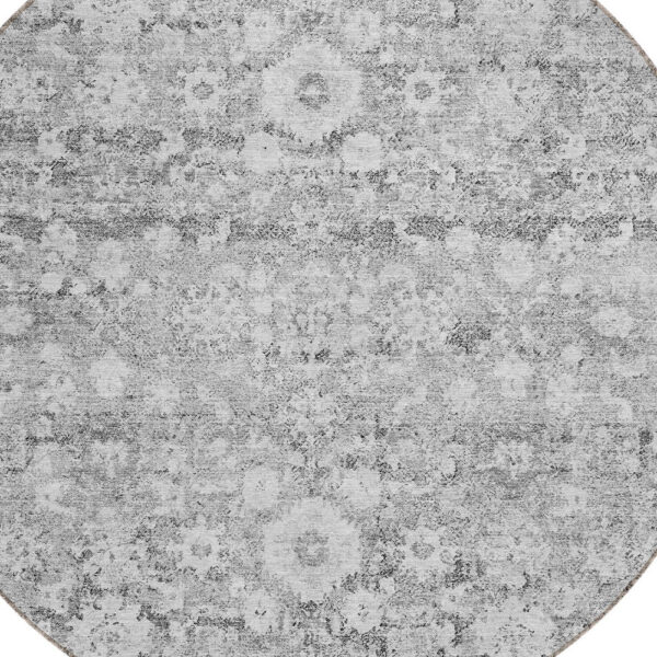 8' Silver Gray And Pewter Round Oriental Washable Indoor Outdoor Area Rug