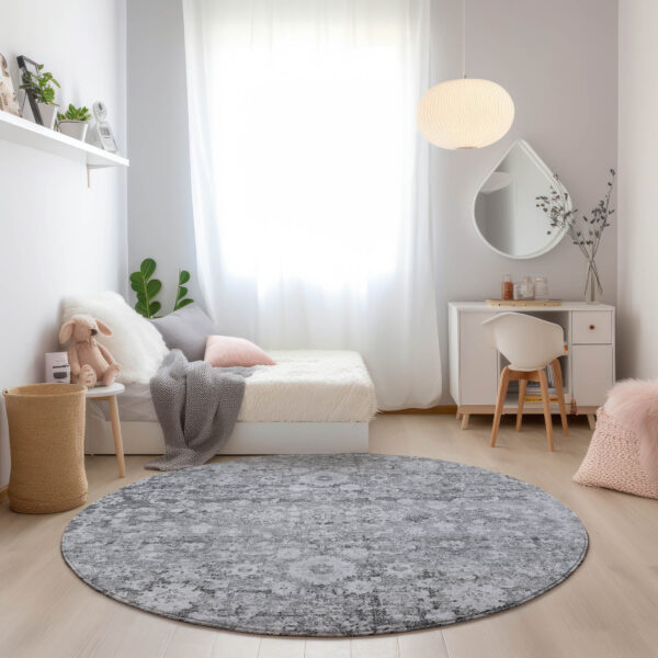 8' Silver Gray And Pewter Round Oriental Washable Indoor Outdoor Area Rug