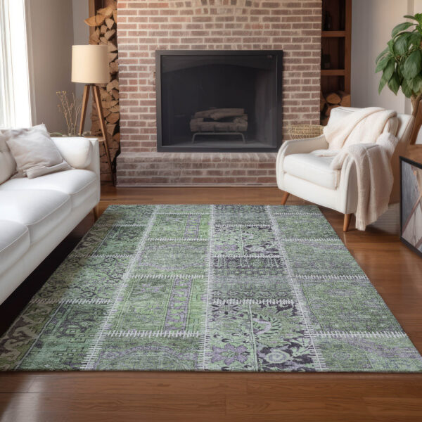 10' X 14' Green And Charcoal Patchwork Washable Indoor Outdoor Area Rug