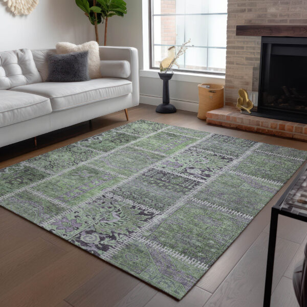 10' X 14' Green And Charcoal Patchwork Washable Indoor Outdoor Area Rug