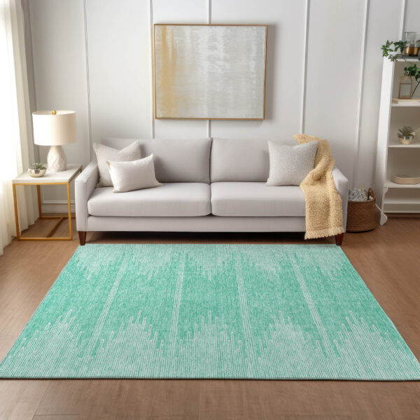 9' X 12' Aquamarine And Ivory Abstract Washable Indoor Outdoor Area Rug